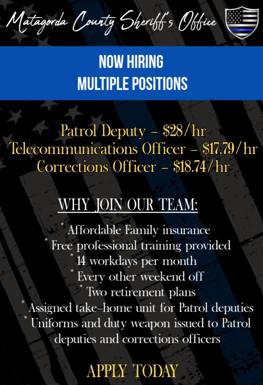 Patrol Deputy, Telecommunications Officer, Corrections Officer employment opportunities in Matagorda County Sheriff's Office